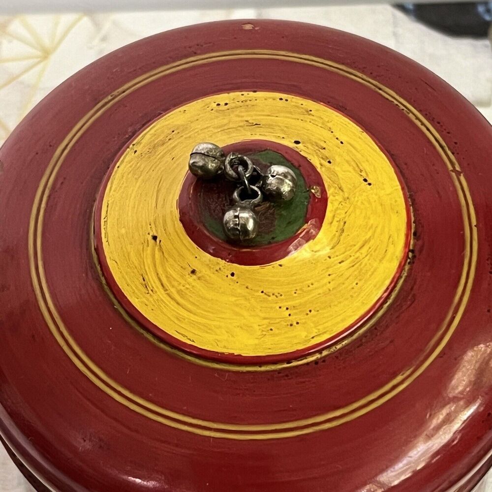 Vintage Wood Kumkum Lacquered Box Tika Powder Trinket Box Red Metal Pom Pom - Picture 5 of 17